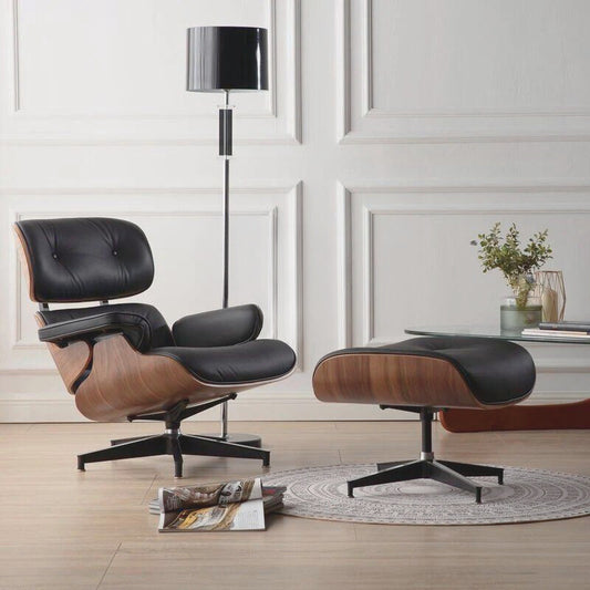 wooden eames chair with black leather